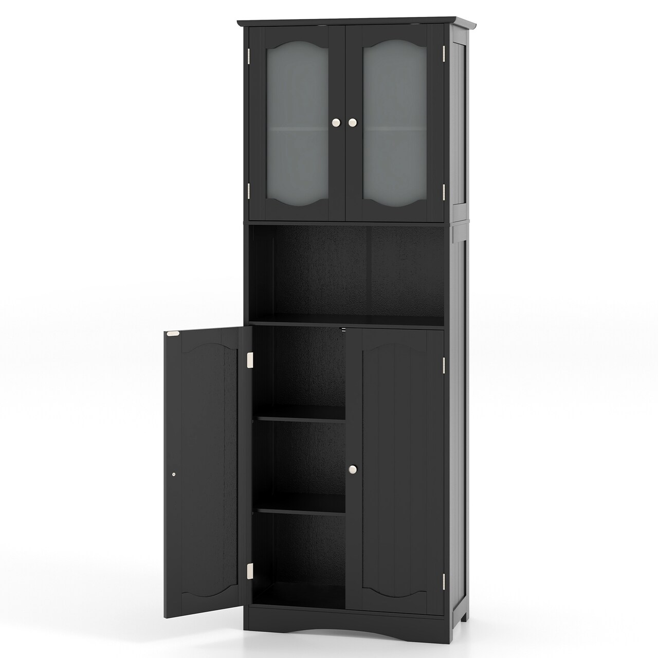 Black MDF Tempered Glass Tall Storage Cabinet with Frosted Doors and Shelves